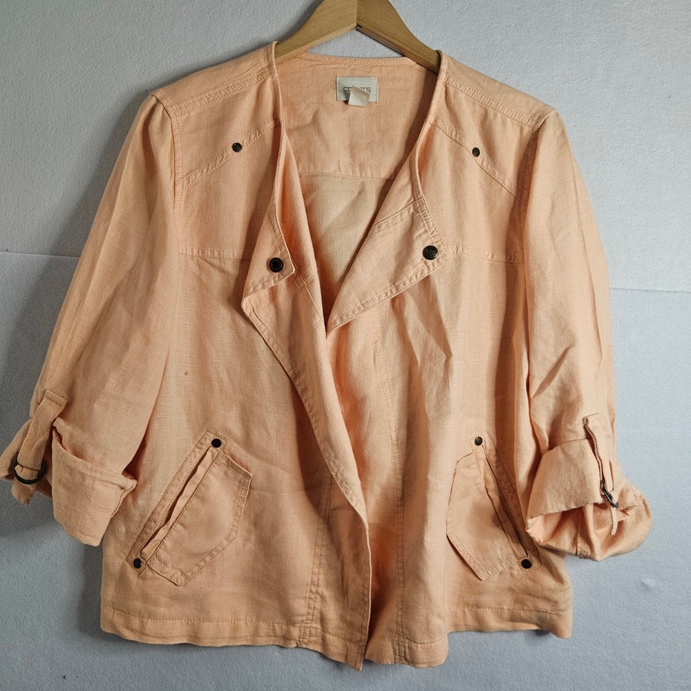 Chico's Peach Linen Open Front Roll Tab Sleeve Moto Jacket 2 Lagenlook Coastal